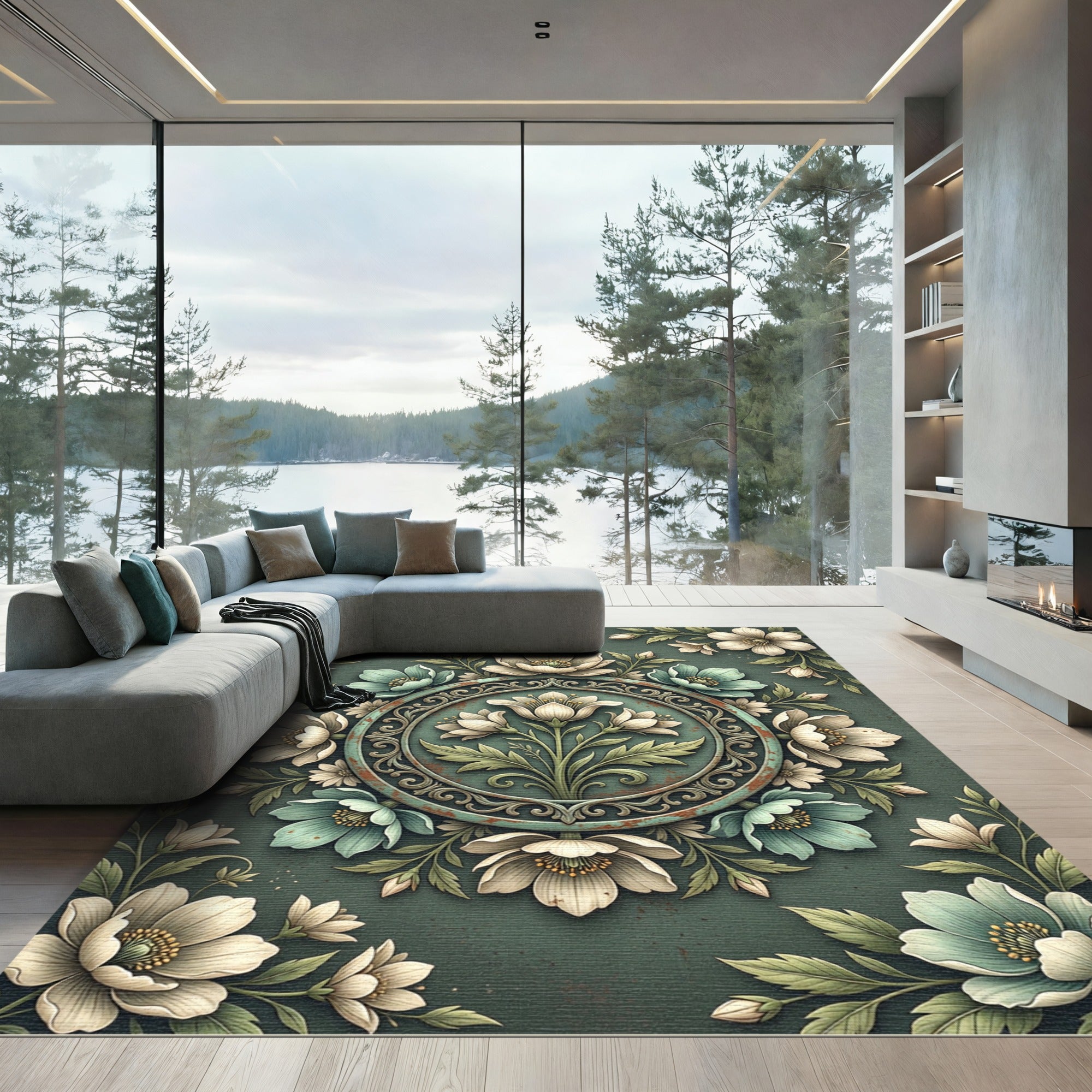 Vintage Teal Floral Medallion Rug