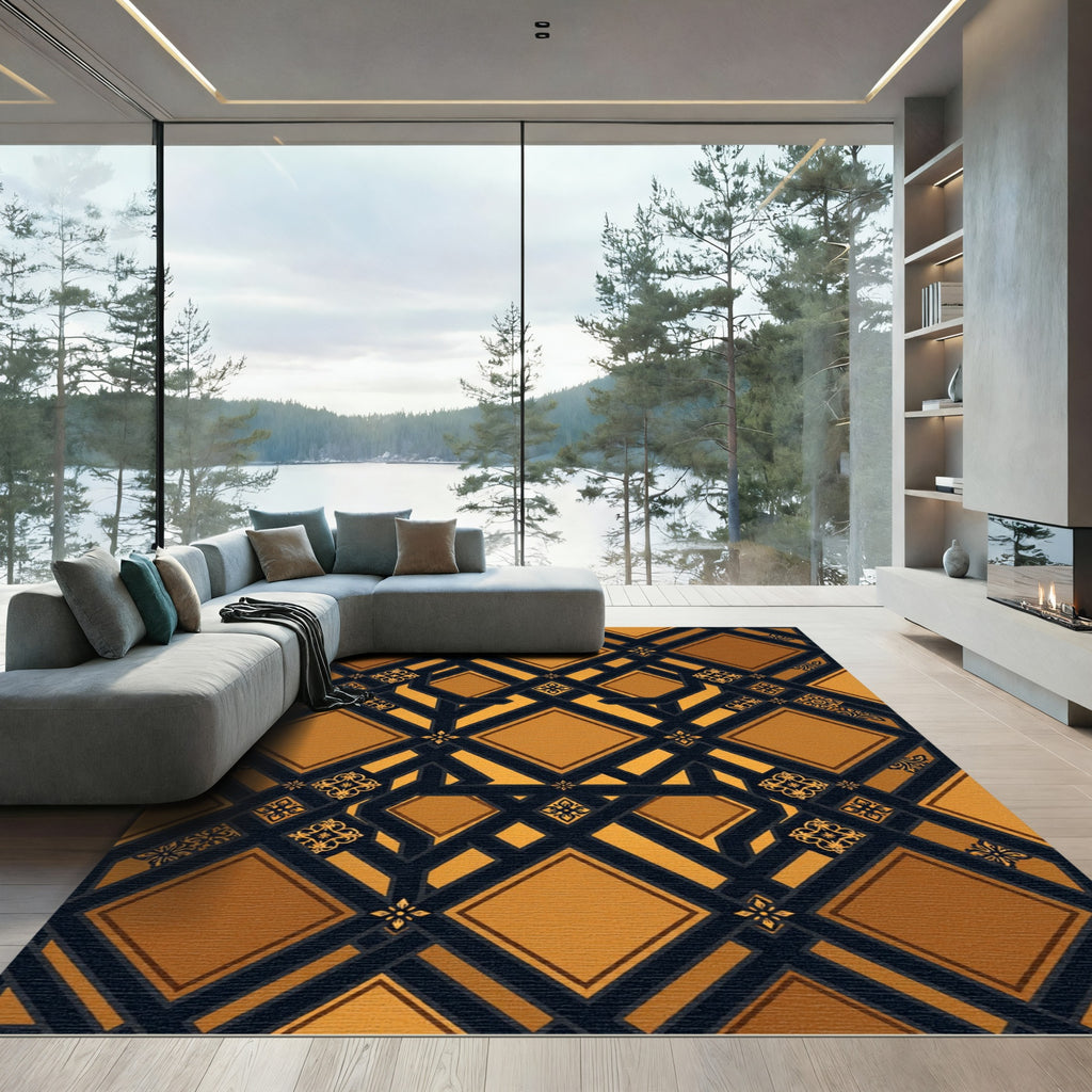 Ornate Golden Geometric Lattice Ebony Trim Rug