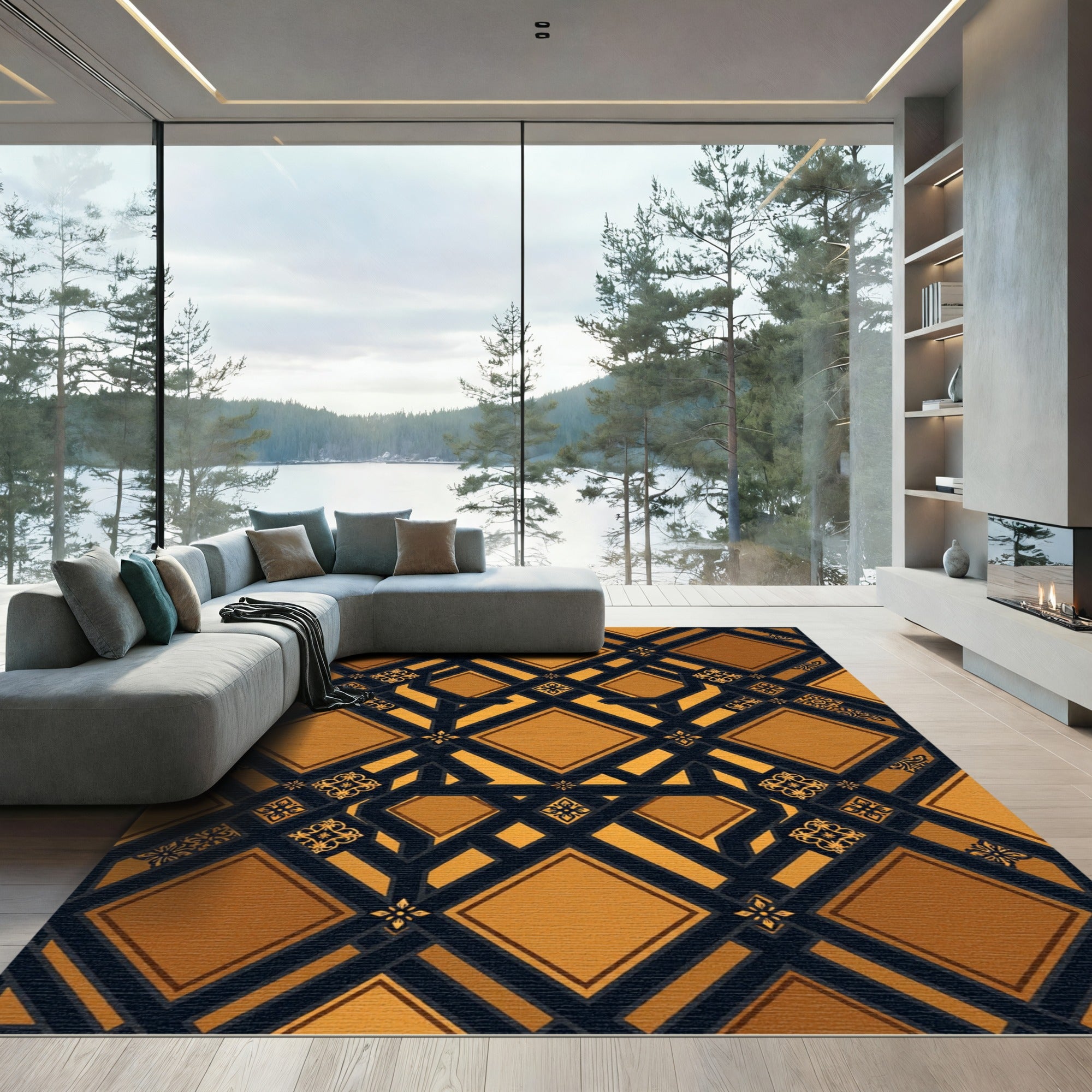 Ornate Golden Geometric Lattice Ebony Trim Rug