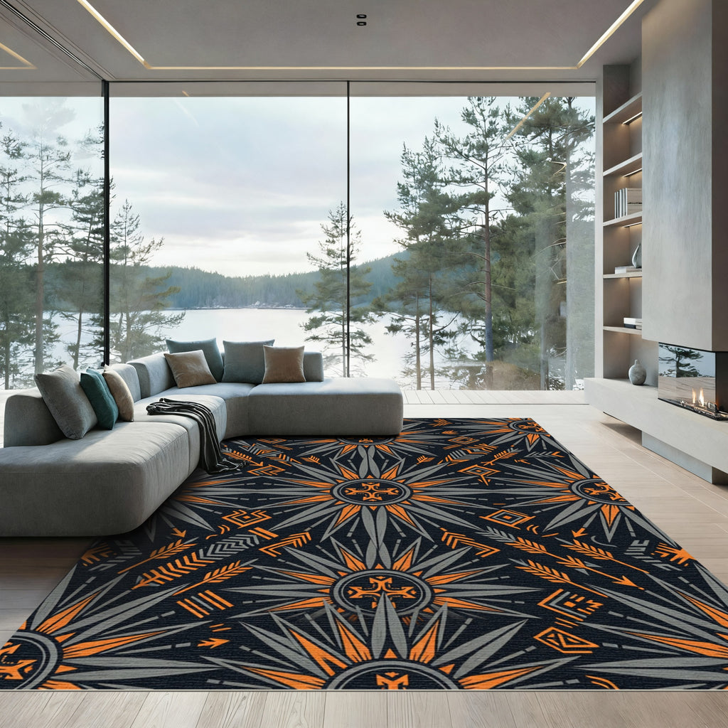 Midnight Orange Geometric Sunburst Cross Rug