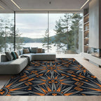 Midnight Orange Geometric Sunburst Cross Rug