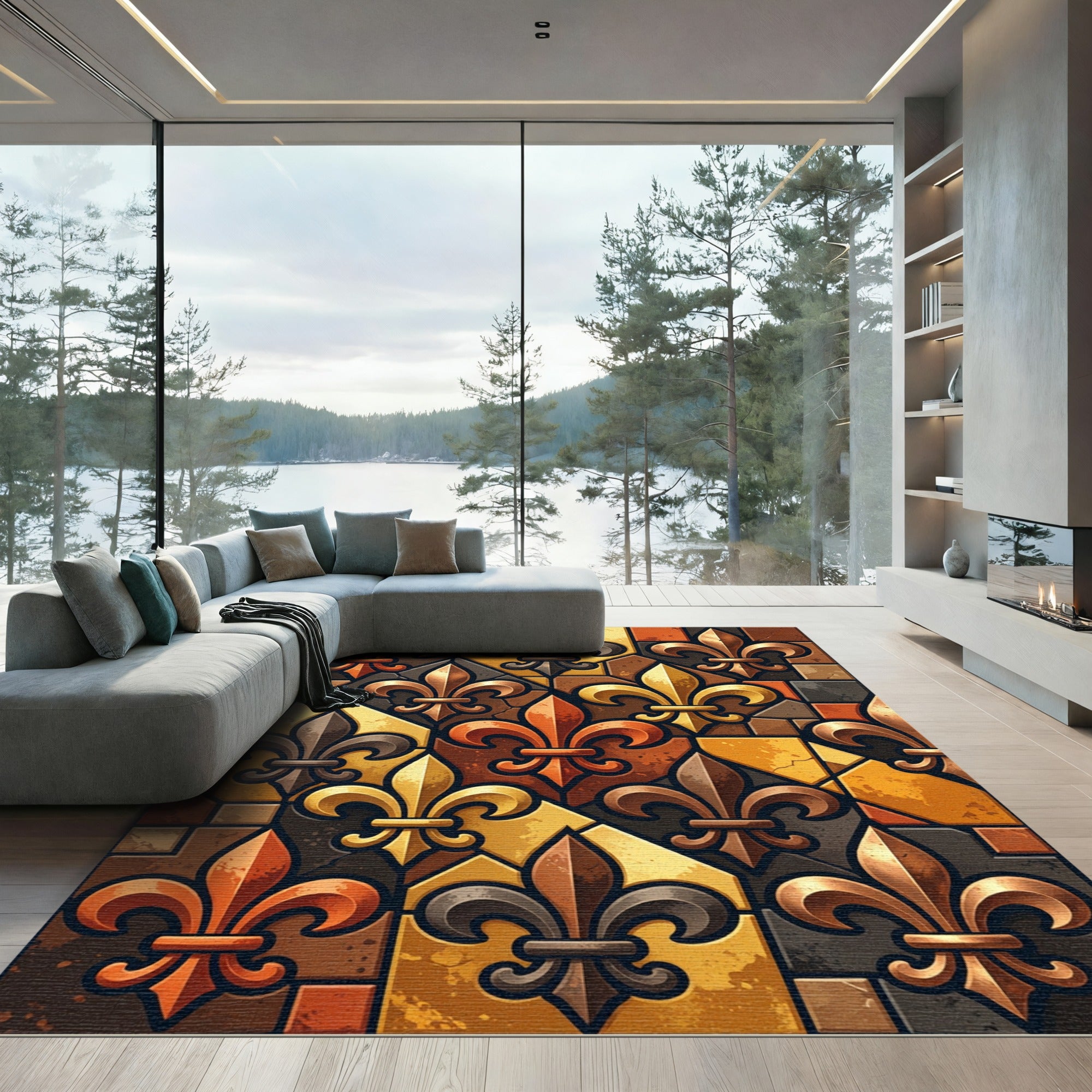 Golden Fleur-de-lis Earth Tone Mosaic Rug