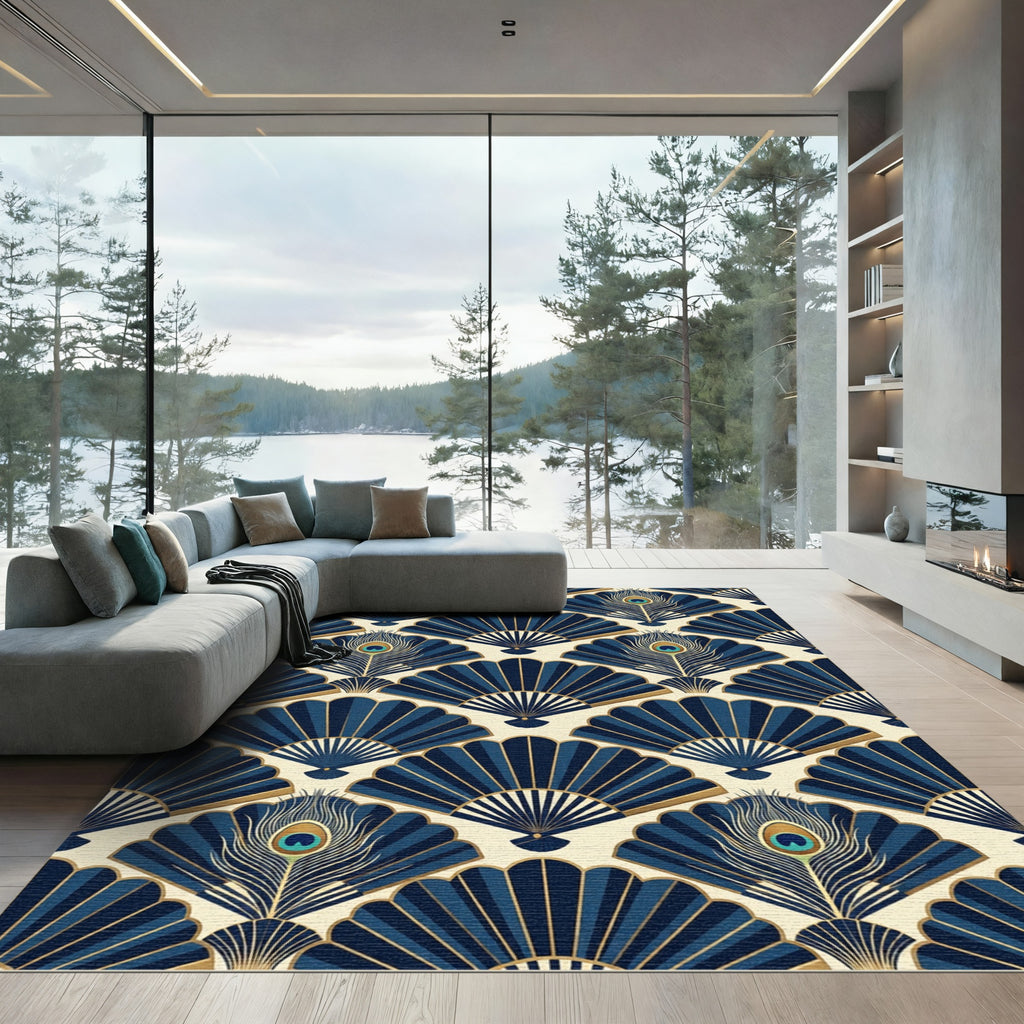 Art Deco Peacock Fan Navy Wallpaper Rug