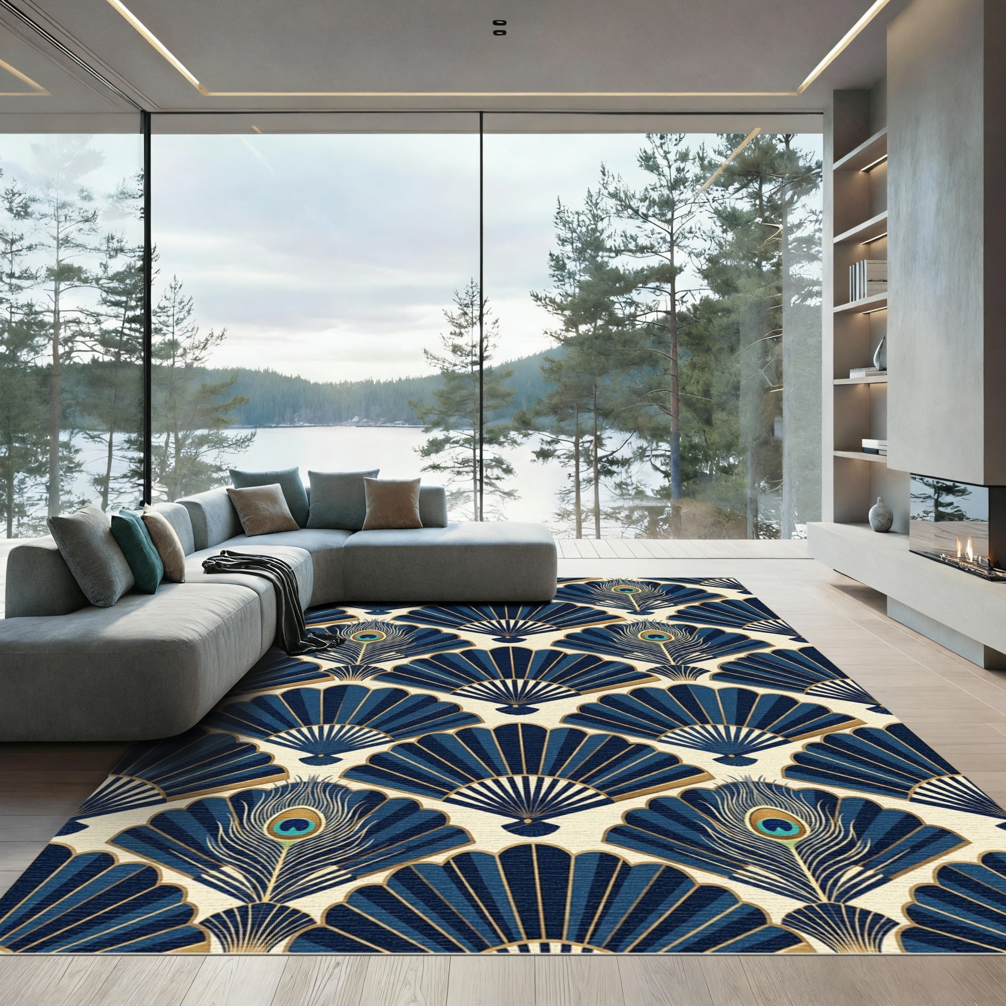 Art Deco Peacock Fan Navy Wallpaper Rug