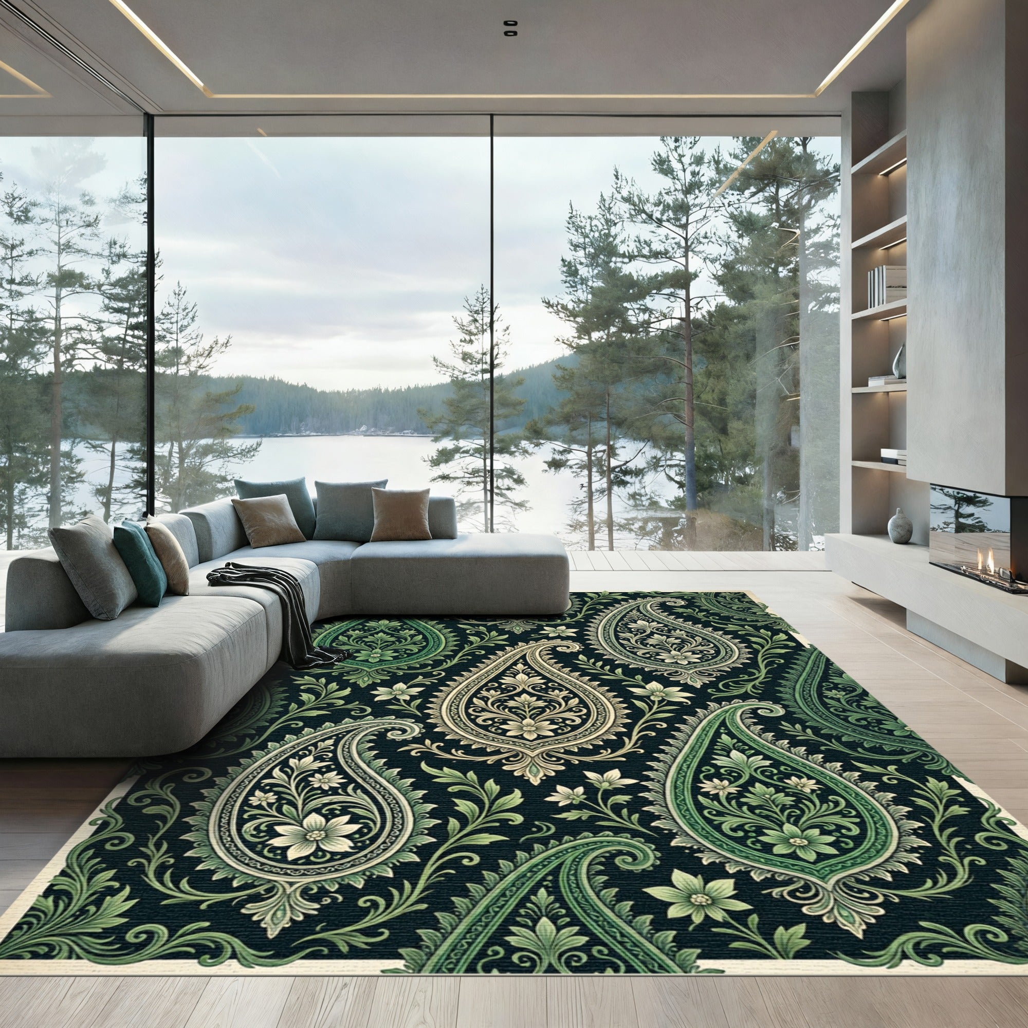 Rich Green Paisley Floral Ornament Rug