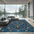 Deep Navy Blue Floral Medallion Rug