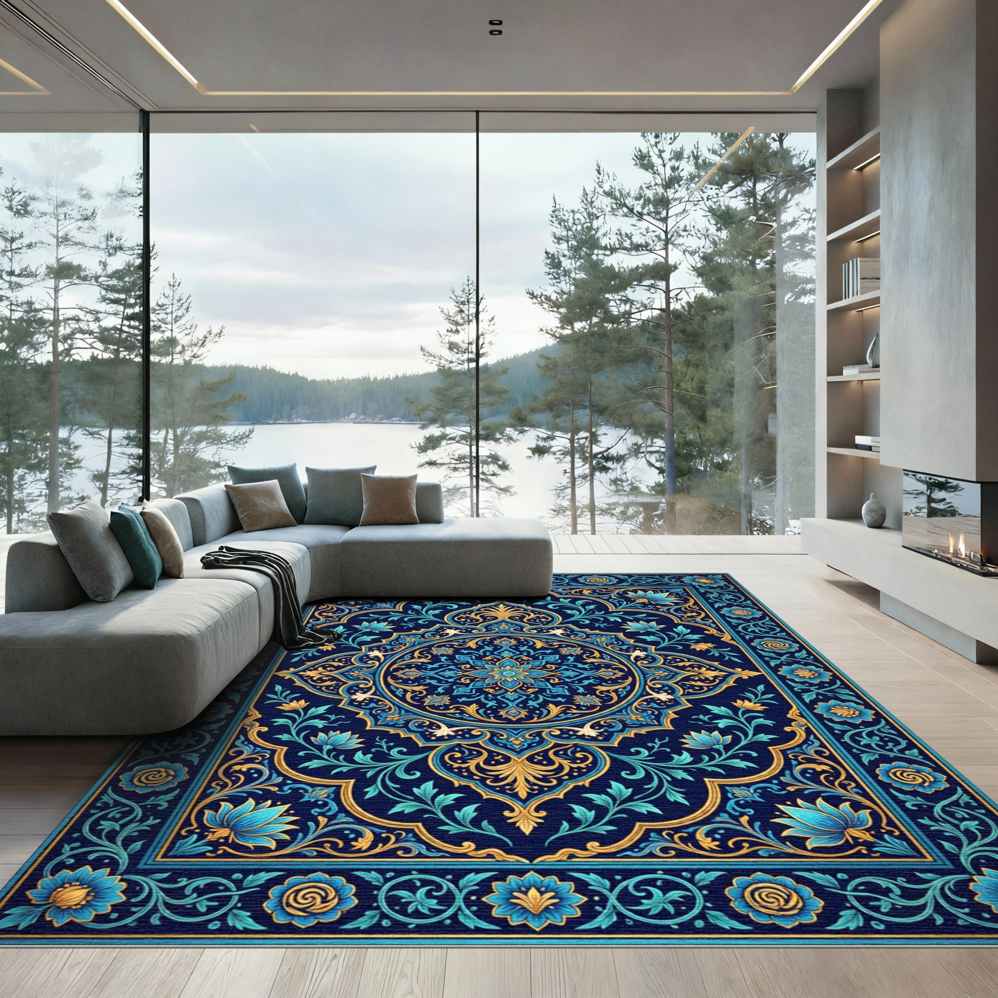 Deep Navy Blue Floral Medallion Rug
