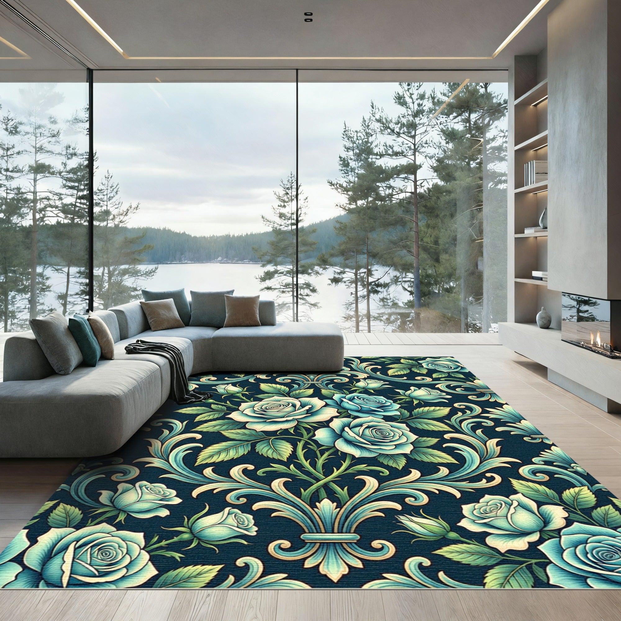 Elegant Teal Rose Damask Filigree Rug
