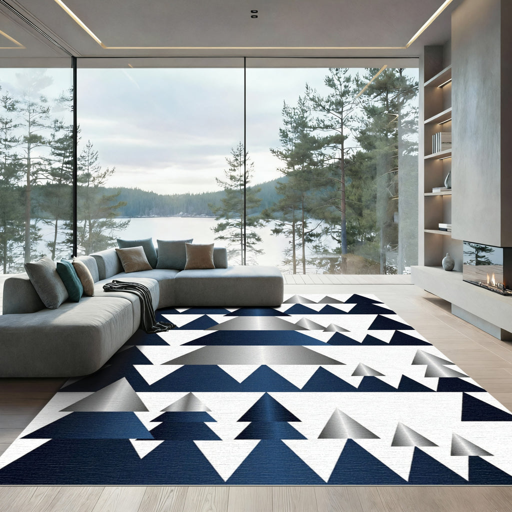 Geometric Metallic Blue Forest Triangle Abstract Rug