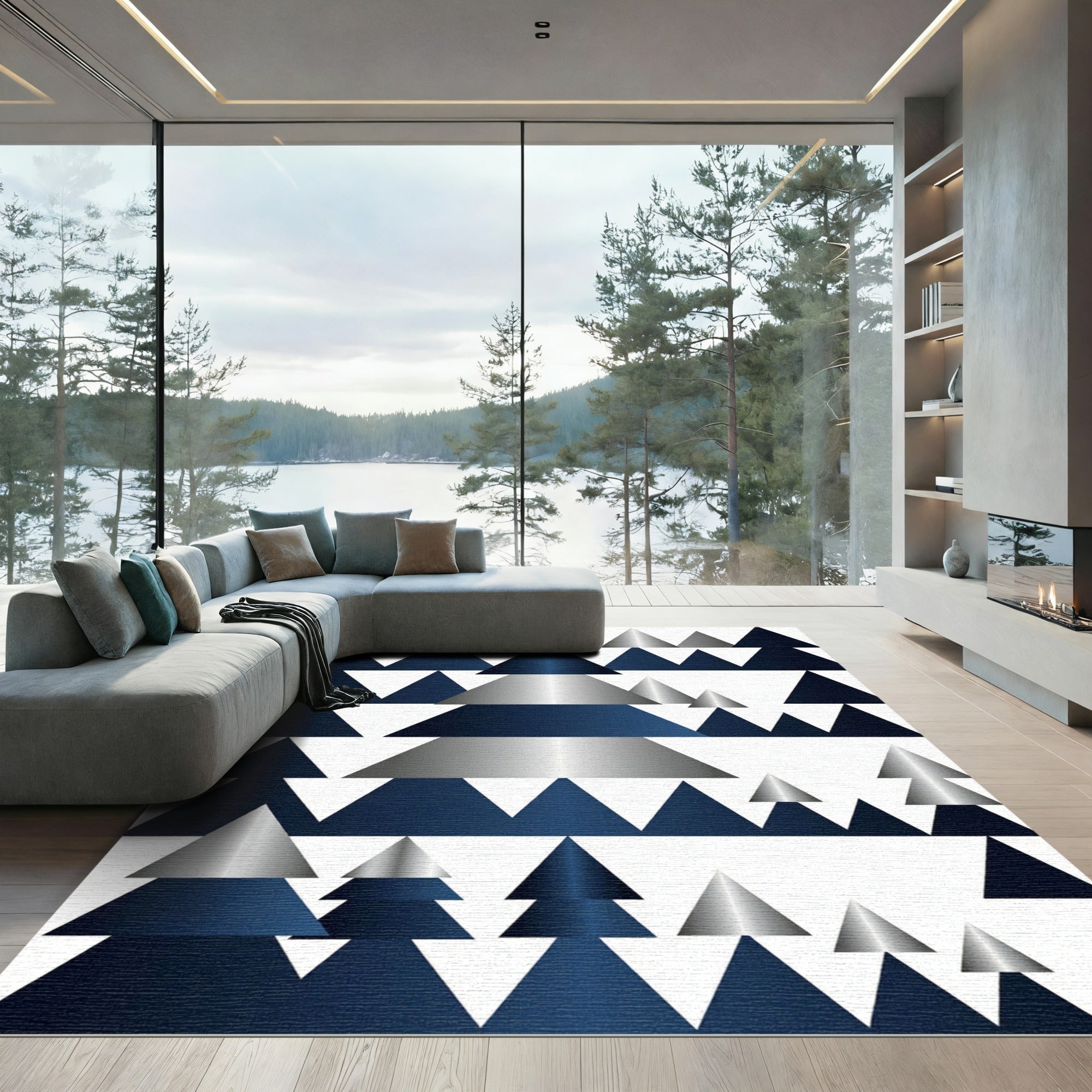 Geometric Metallic Blue Forest Triangle Abstract Rug