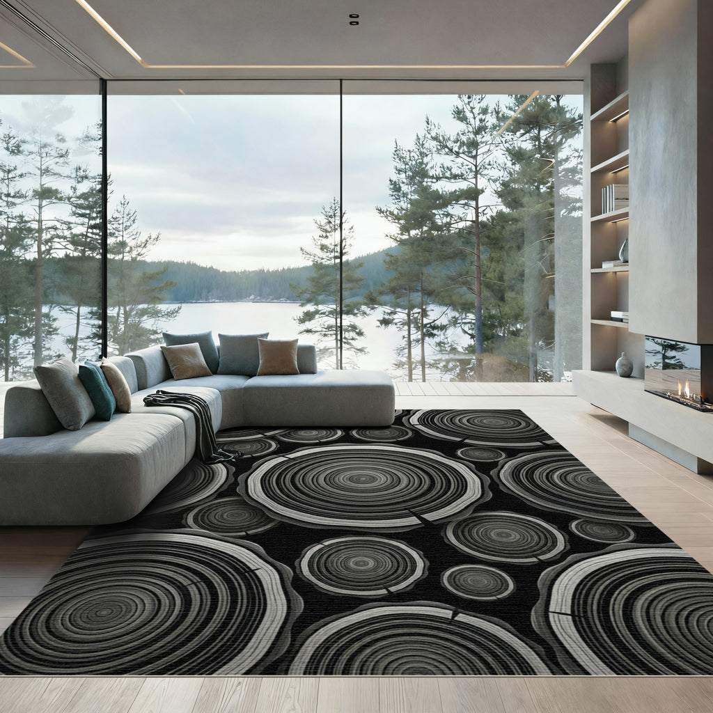 Monochromatic Wood Grain Circle Collage Rug