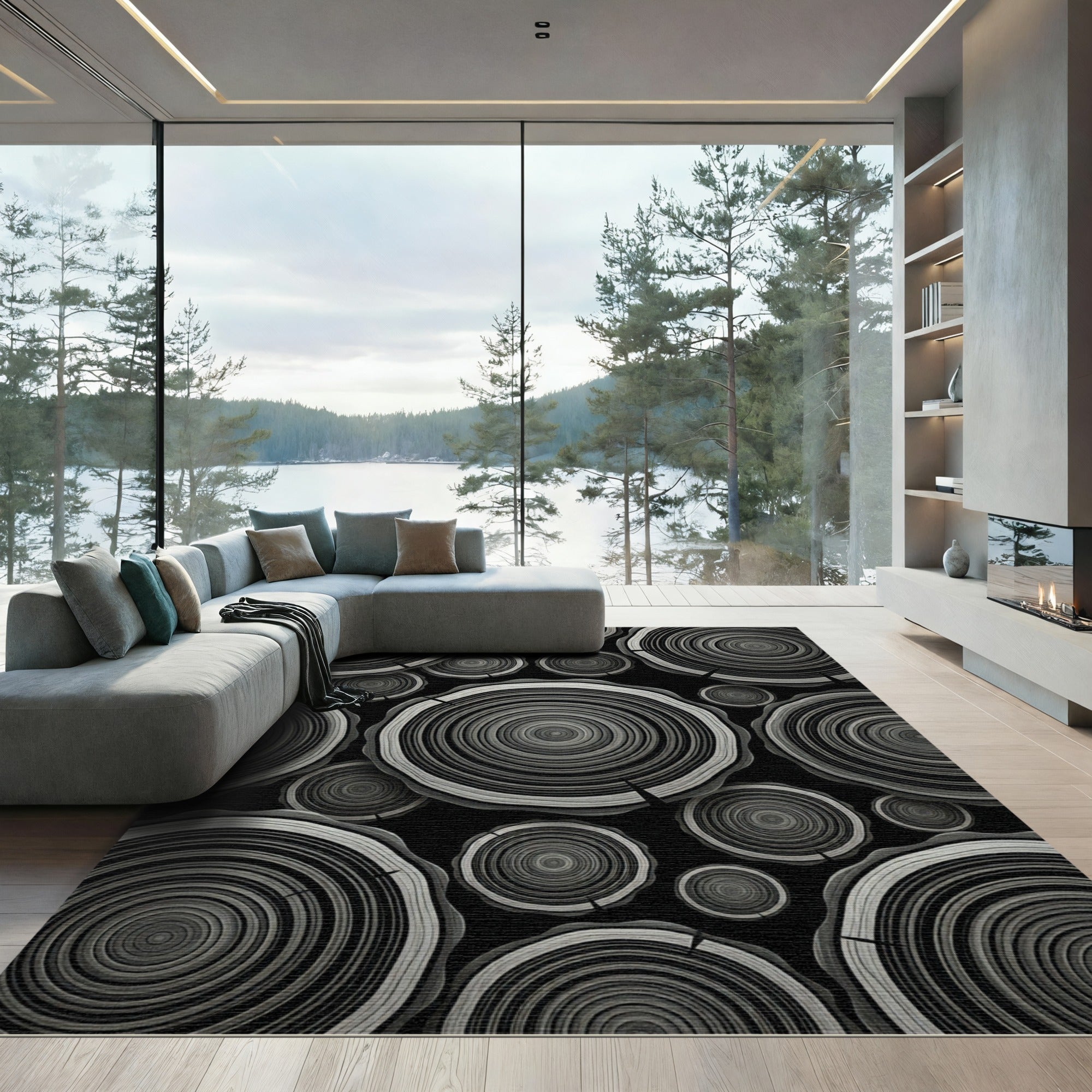 Monochromatic Wood Grain Circle Collage Rug
