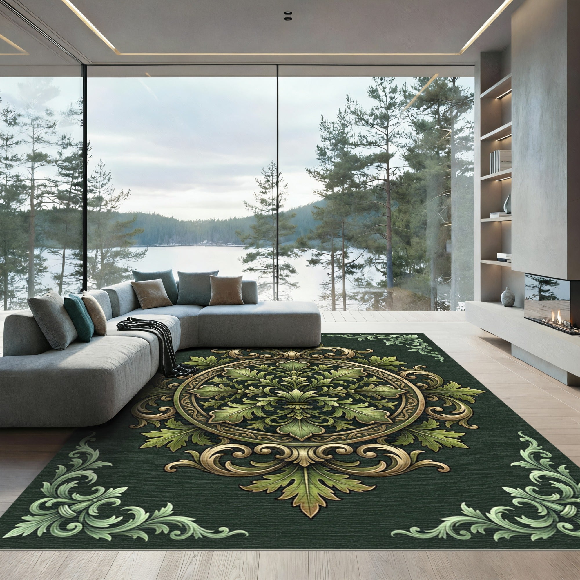 Ornate Green and Gold Acanthus Medallion Rug