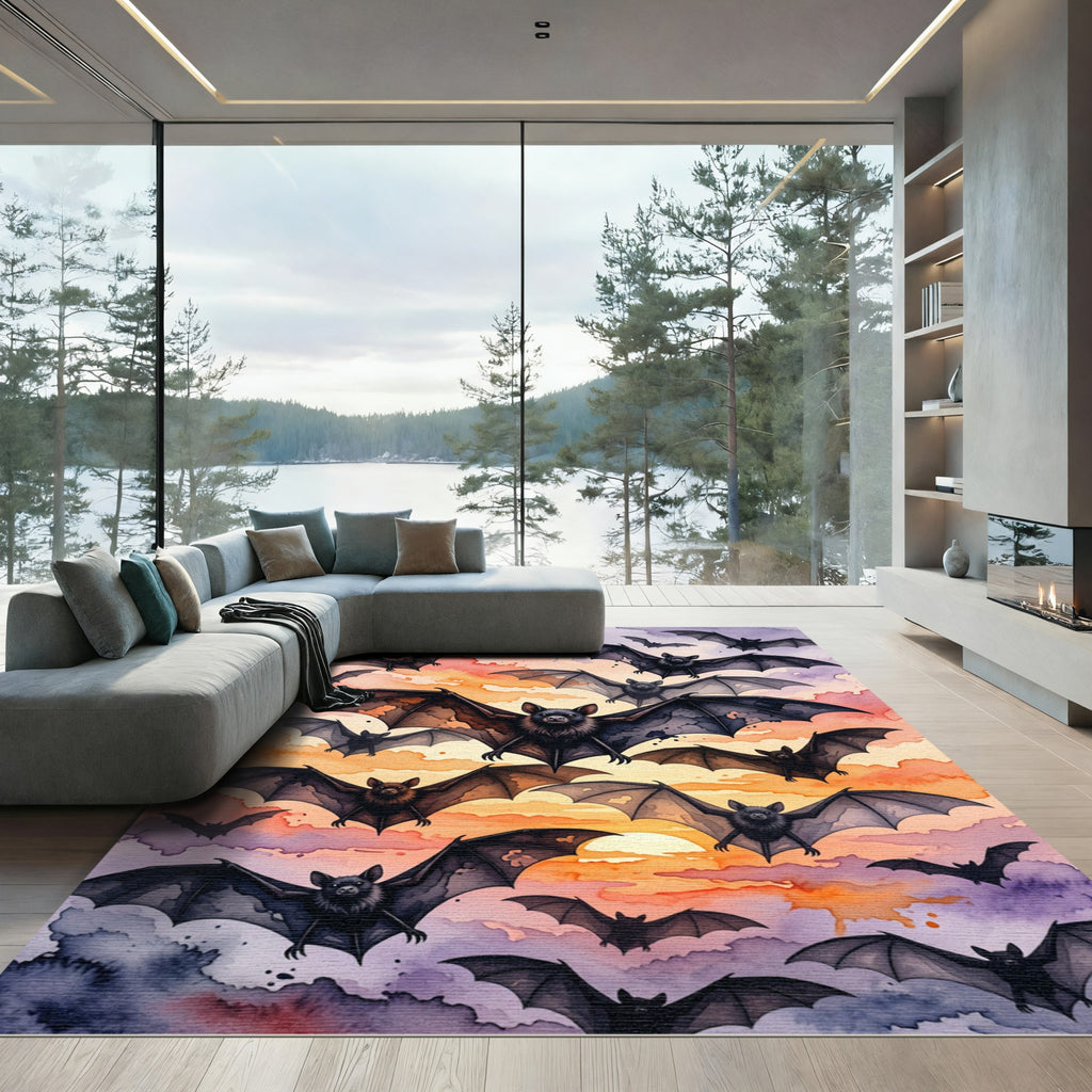 Watercolor Twilight Bat Flock Sunset Rug