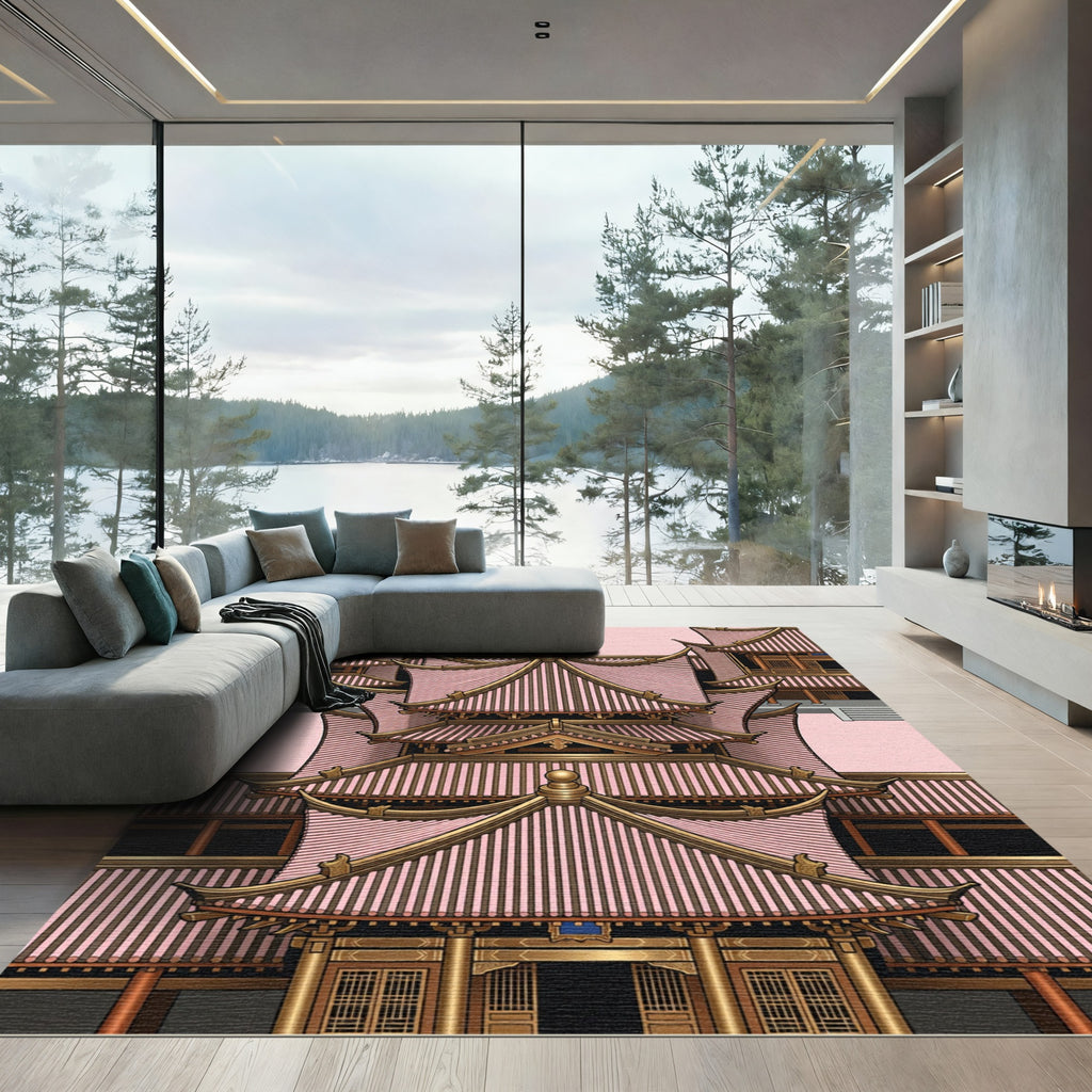 Symmetrical Golden Pagoda Architectural Pink Landscape Rug