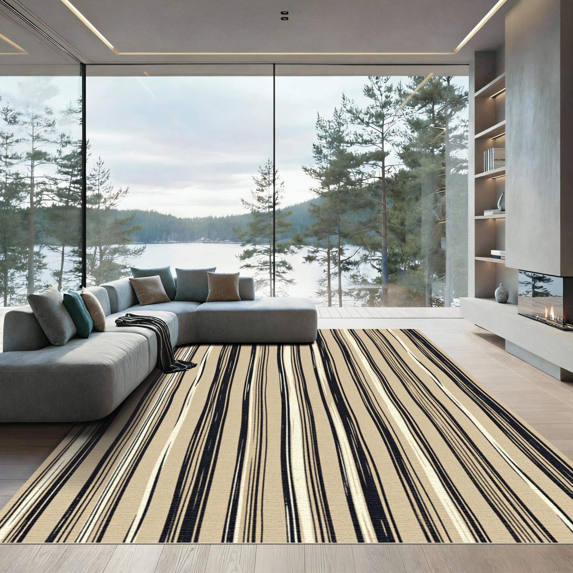 Earthy Beige Hand Drawn Stripe Rug
