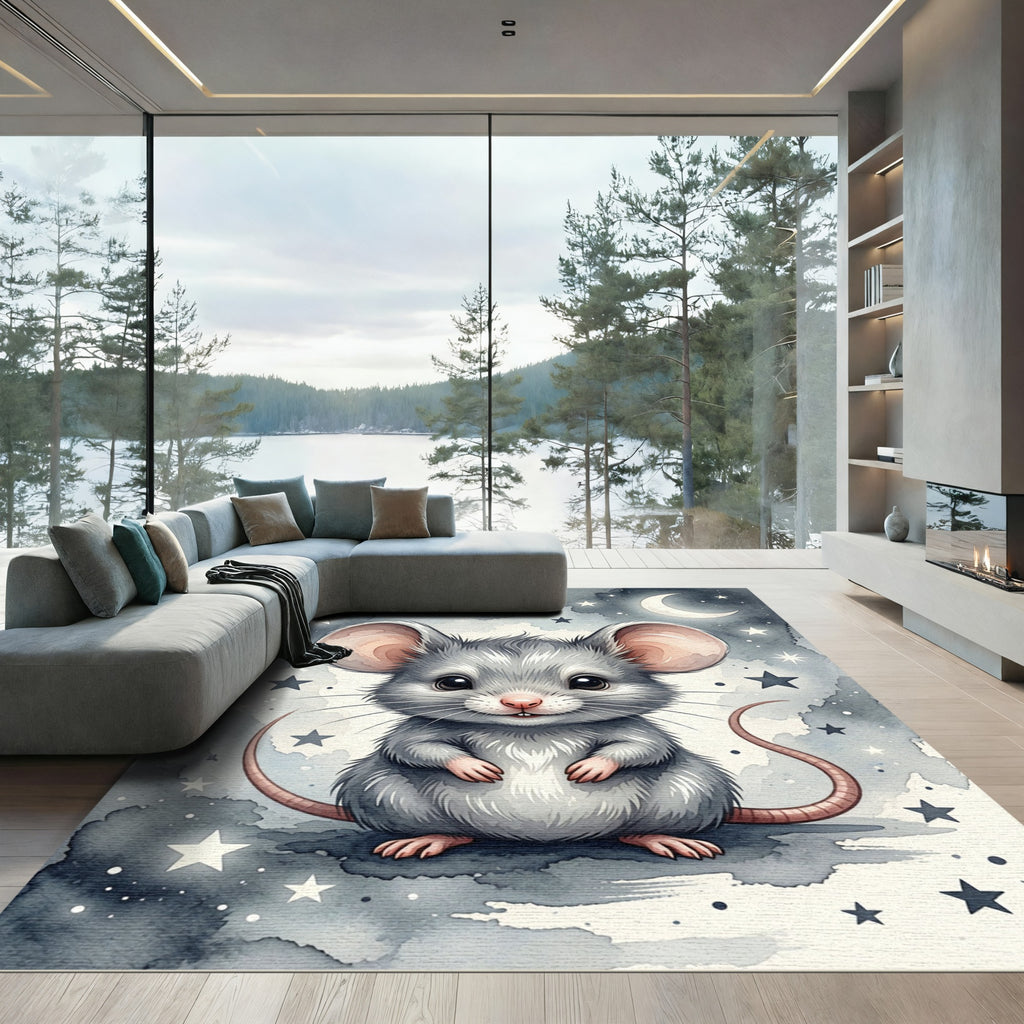 Whimsical Midnight Gray Starry Mouse Rug