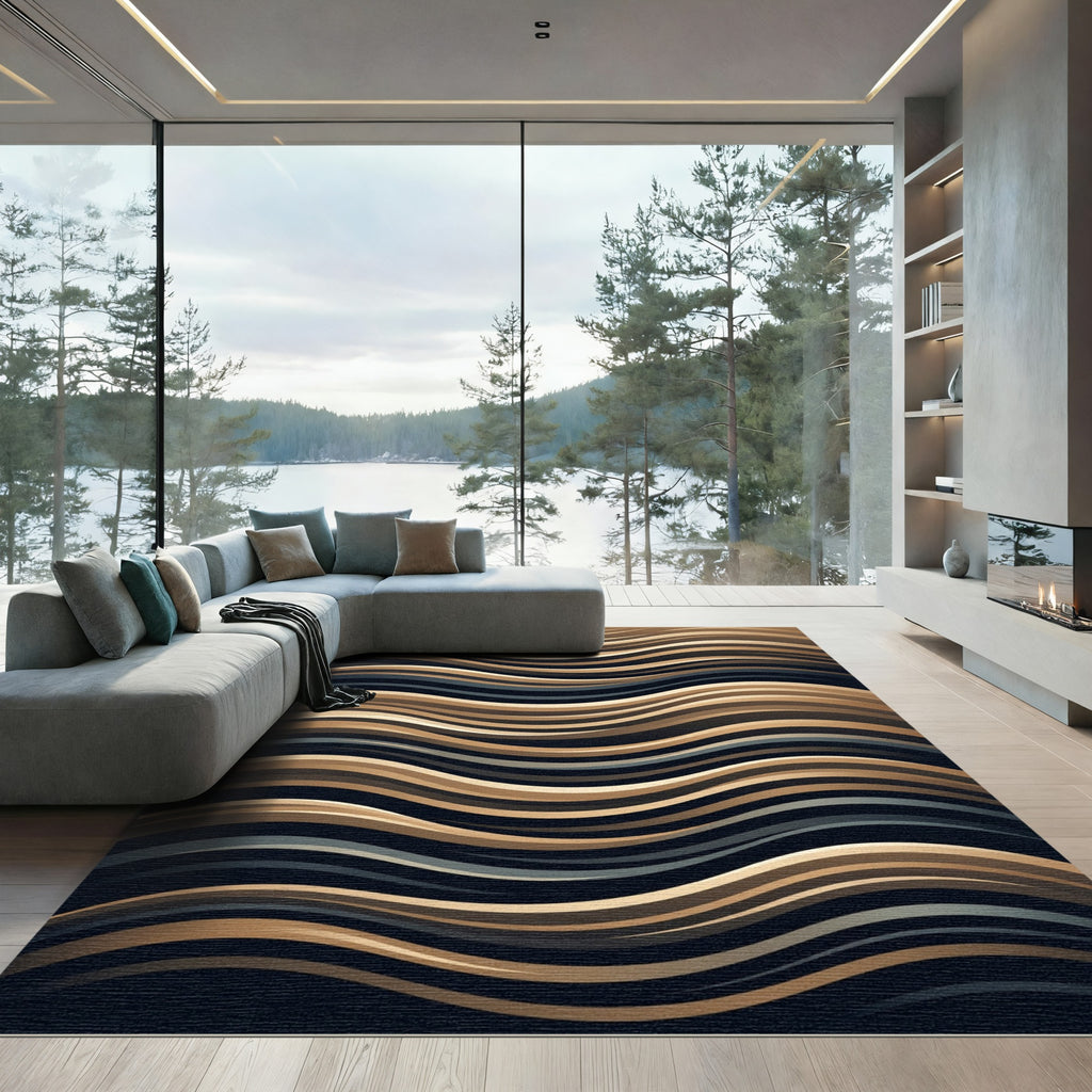 Modern Bronze Abstract Wavy Line Rug