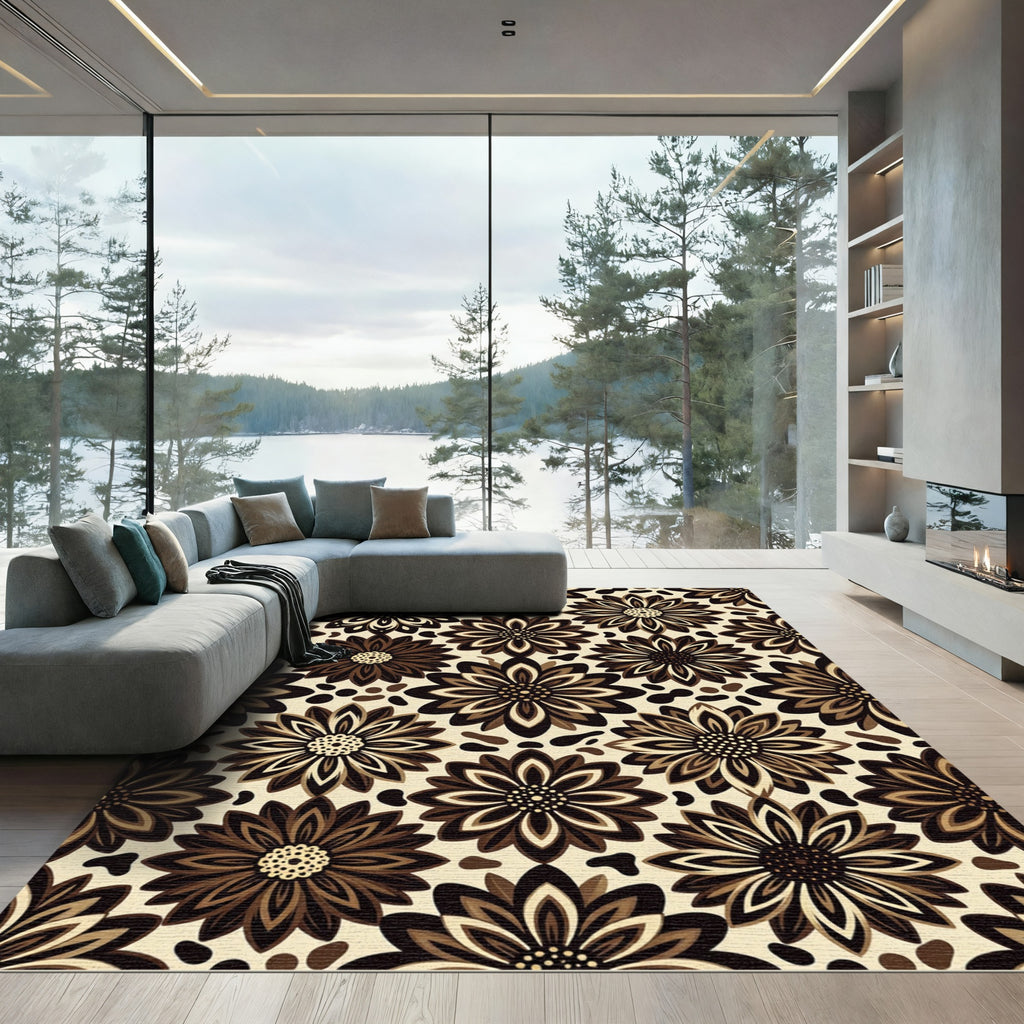Retro Brown Floral Bloom Arrangement Rug