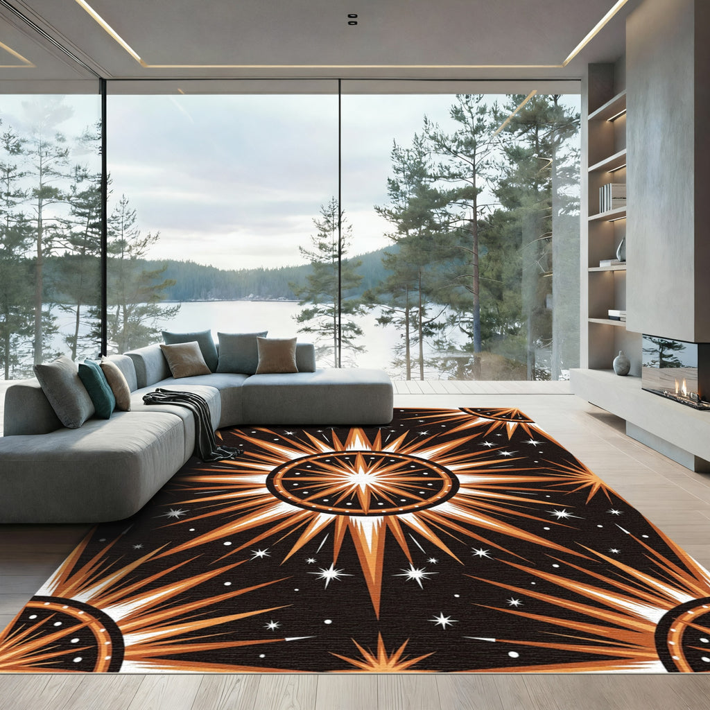 Celestial Gold Sunburst Geometric Art Rug