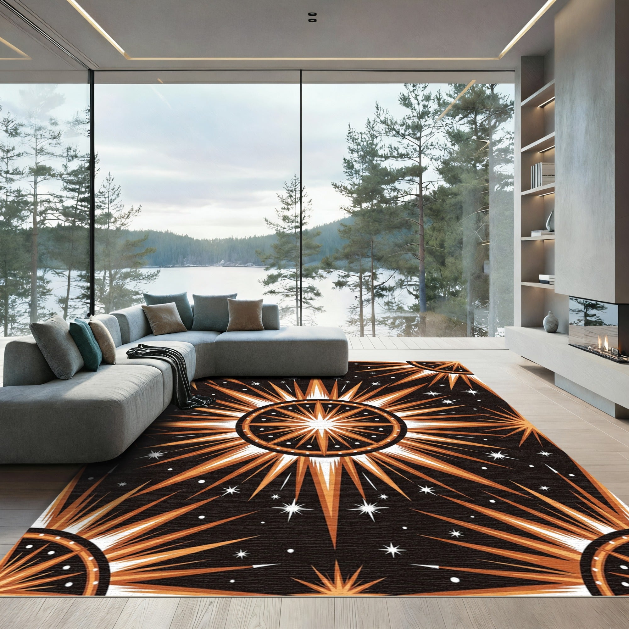 Celestial Gold Sunburst Geometric Art Rug