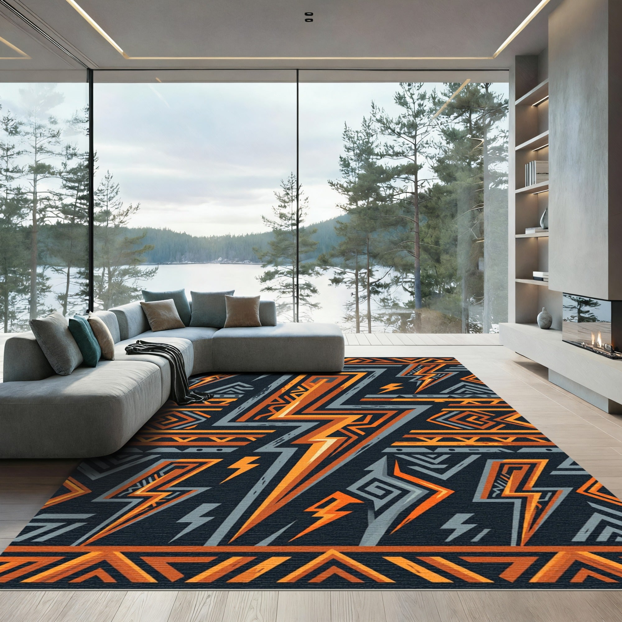 Bold Geometric Lightning Strike Orange Rug