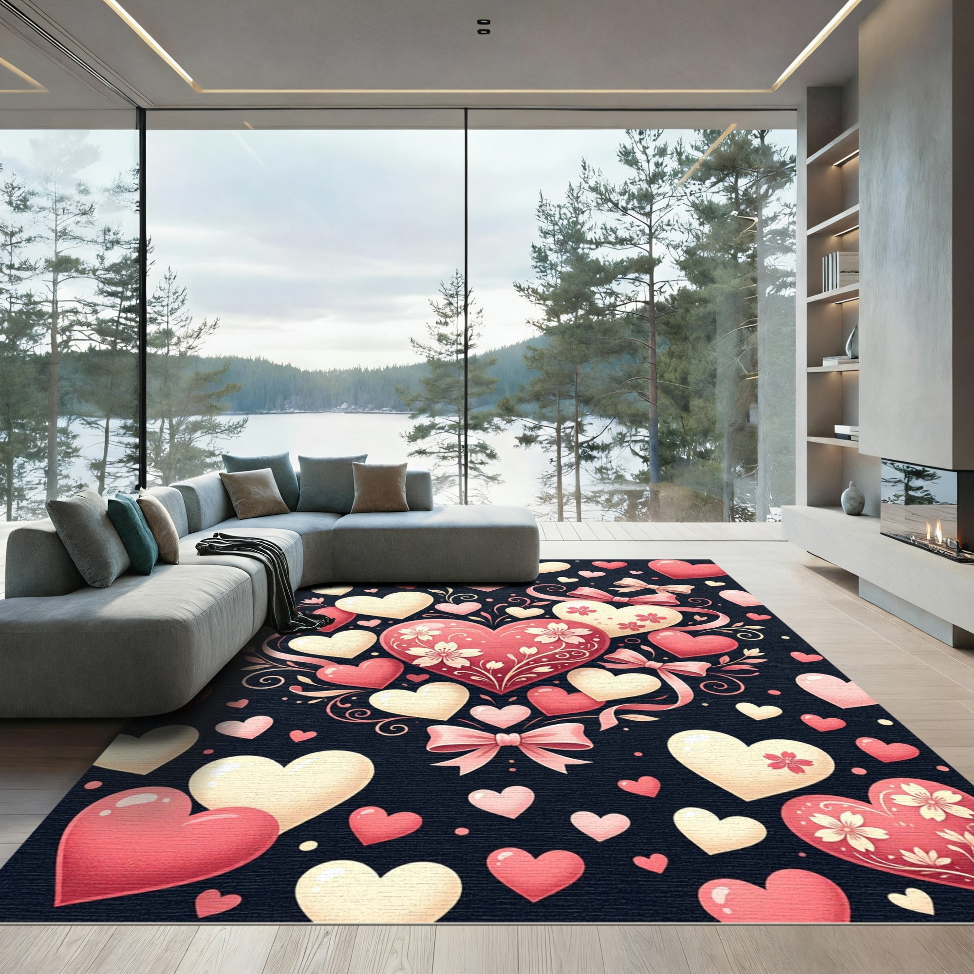 Pink Cream Heart Floral Bow Rug