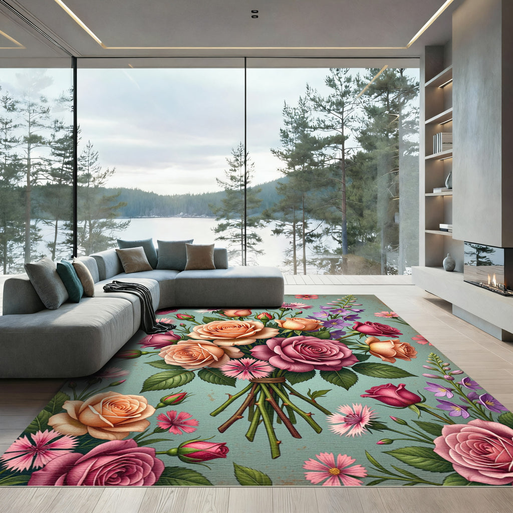 Pink Orange Rose Bouquet Arrangement Rug