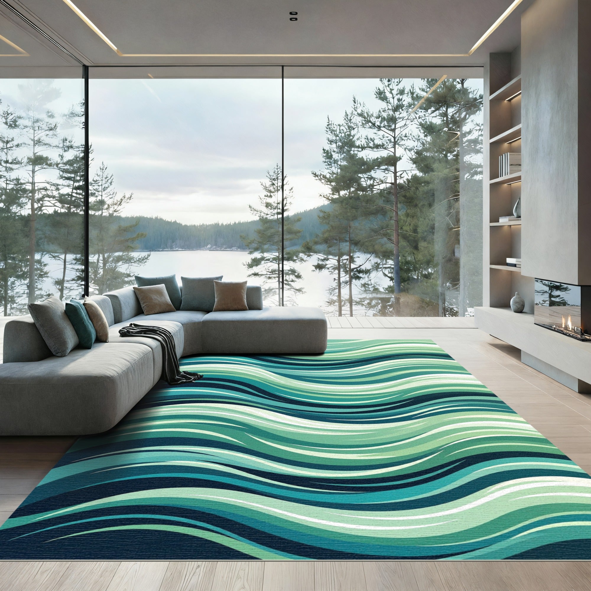 Teal Aqua Green Wave Rug