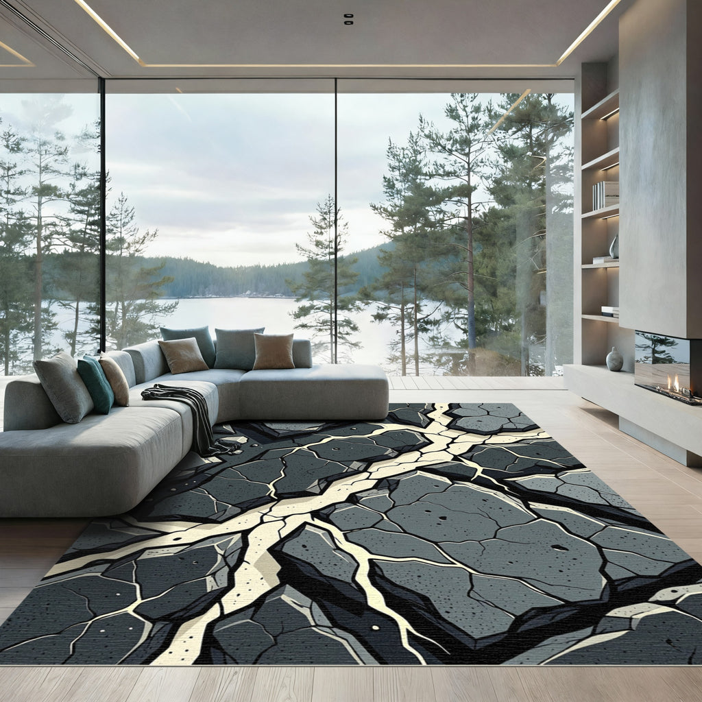 Monochrome Abstract Cracked Stone Texture Rug
