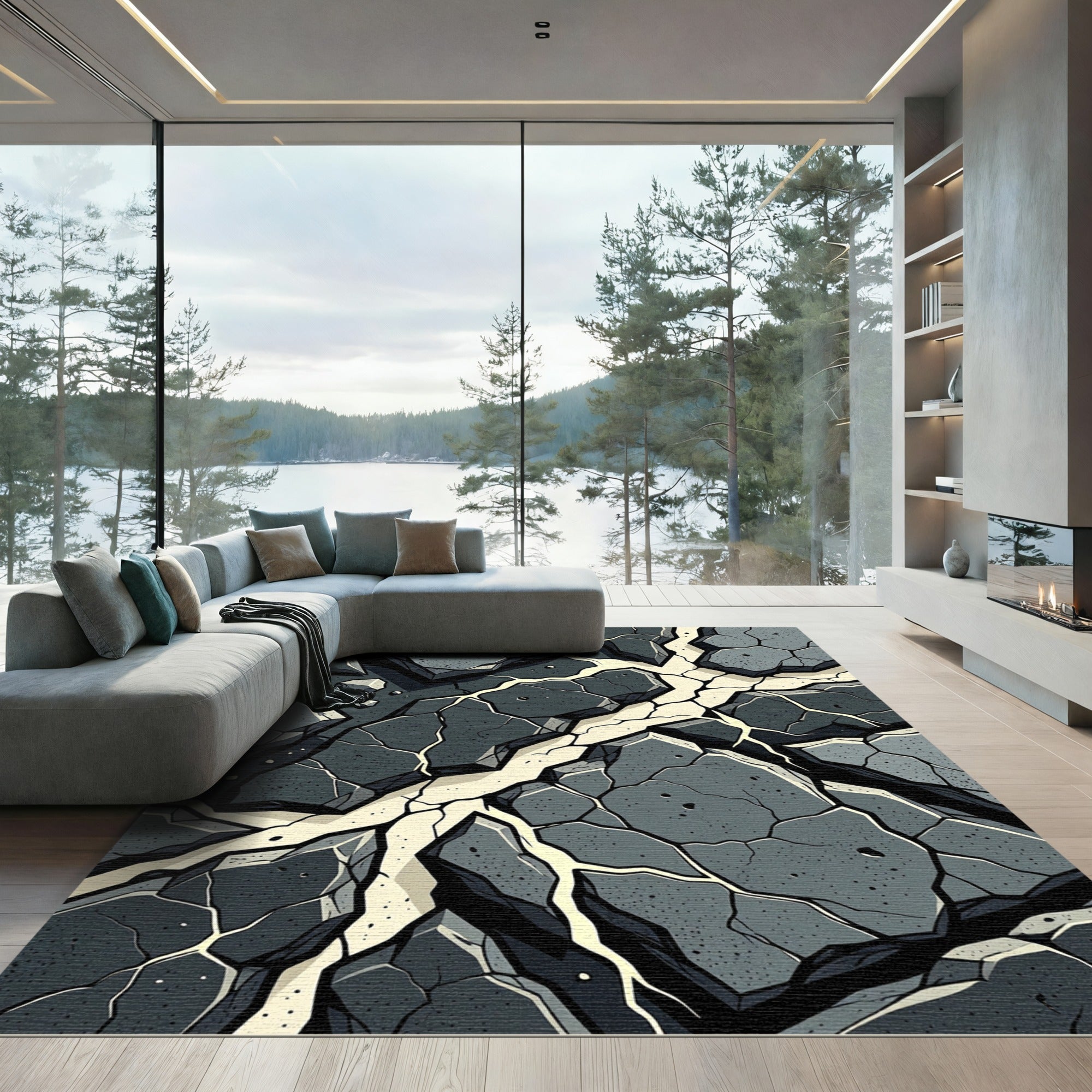 Monochrome Abstract Cracked Stone Texture Rug