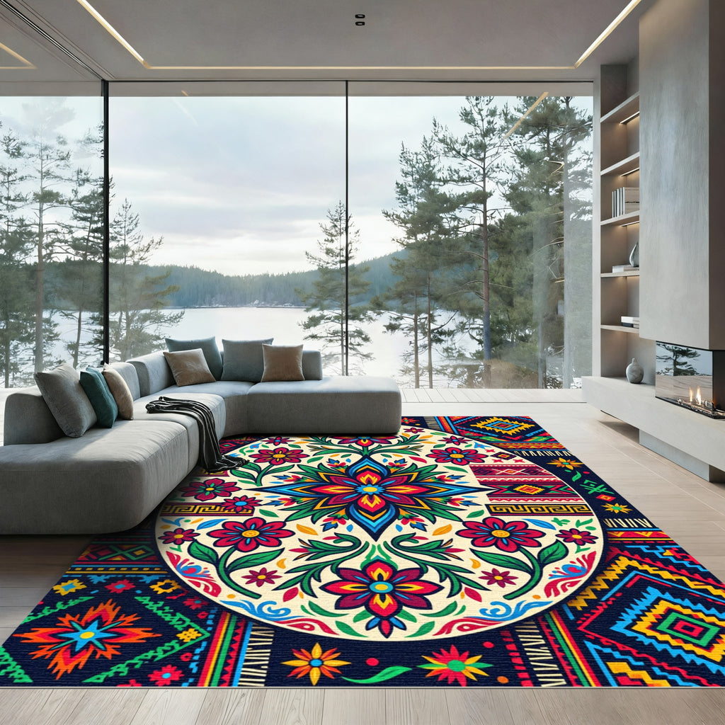 Colorful Folk Art Floral Egg Rug