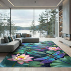 Vibrant Aquatic Dragonfly Lotus Blossom Rug