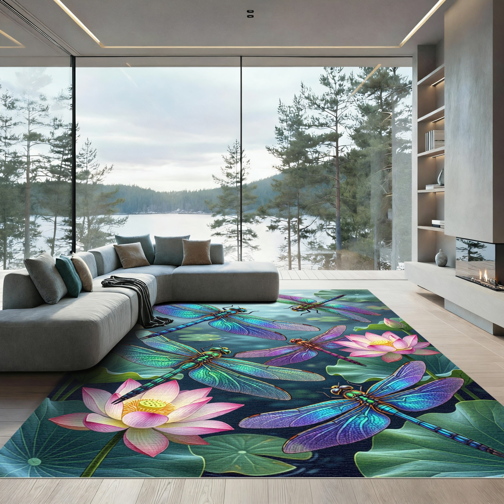 Vibrant Aquatic Dragonfly Lotus Blossom Rug