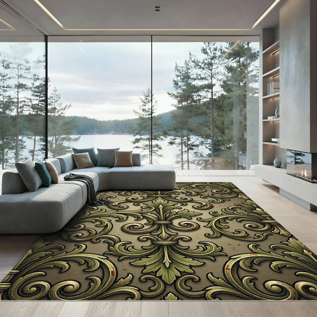 Ornate Gold and Green Scrollwork Rug