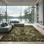 Ornate Gold and Green Scrollwork Rug