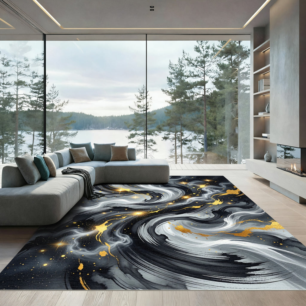 Black and White Marble Gold Swirl Rug