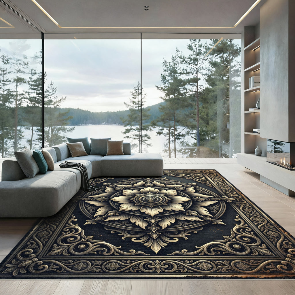 Ornate Antique Gold Floral Medallion Rug