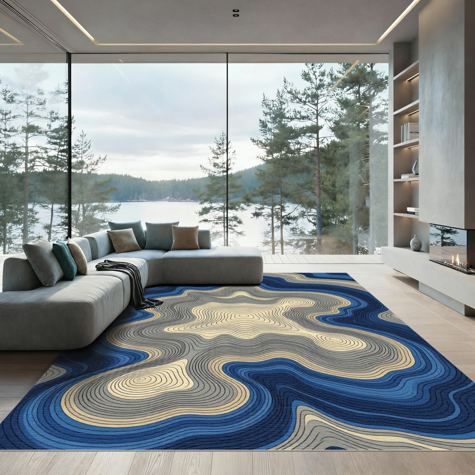 Blue and Cream Abstract Topographic Line Rug