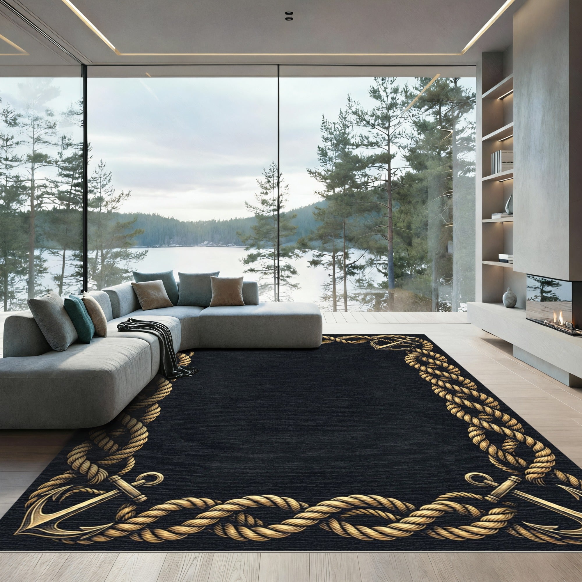 Golden Nautical Anchor Rope Border Rug