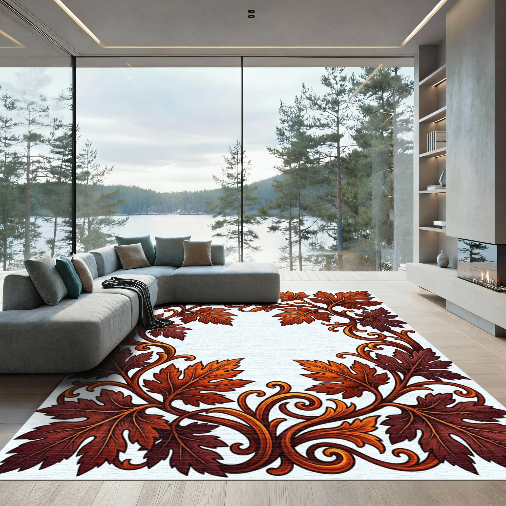 Ornate Autumn Leaf Border Scrolling Vines Rug