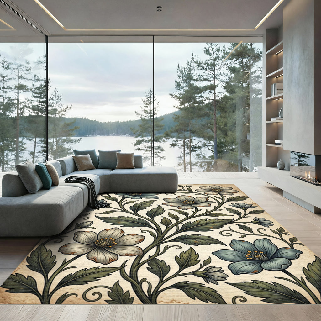 Archaic Teal Floral Vine Meadow Rug