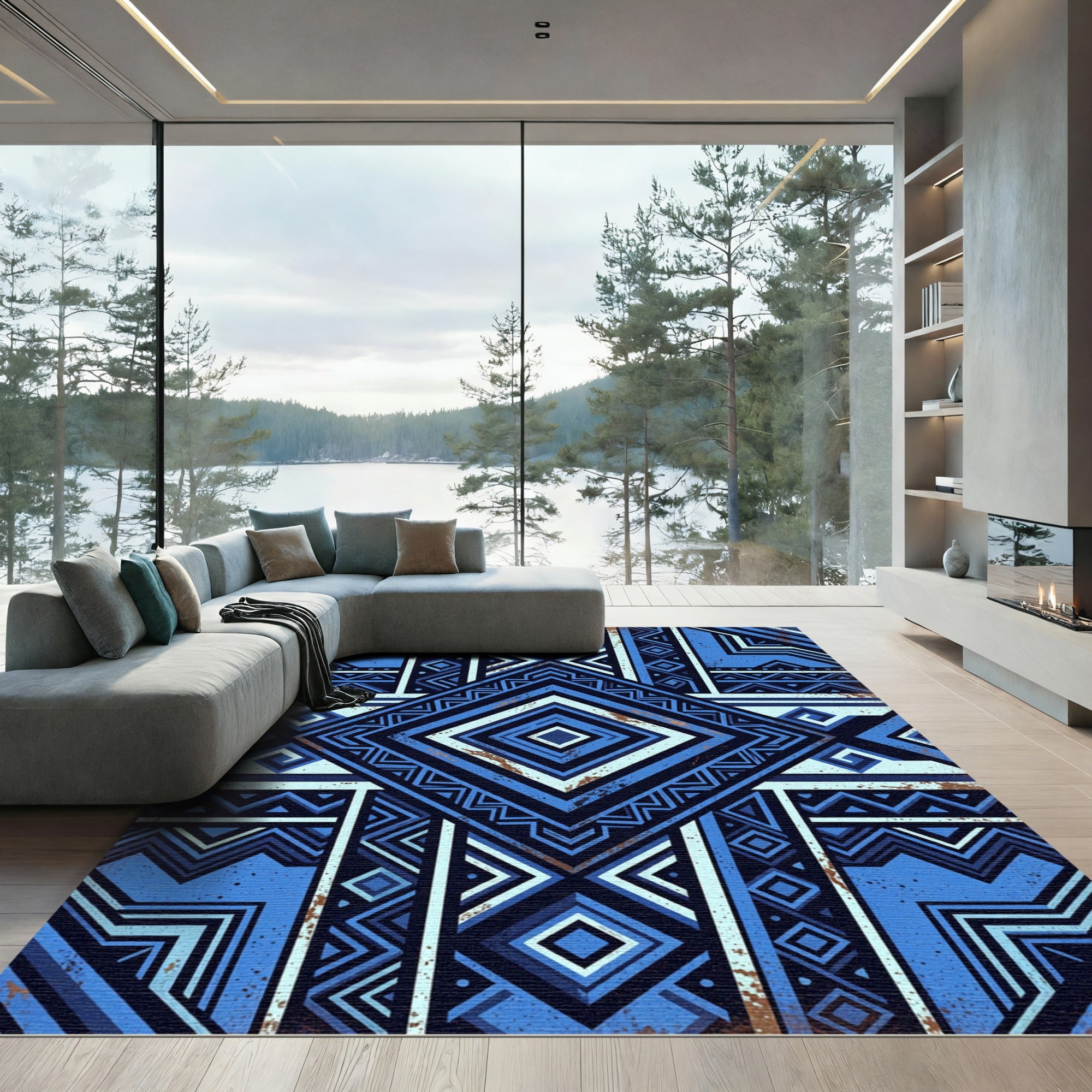 Bold Geometric Navy Blue Diamond Abstract Rug