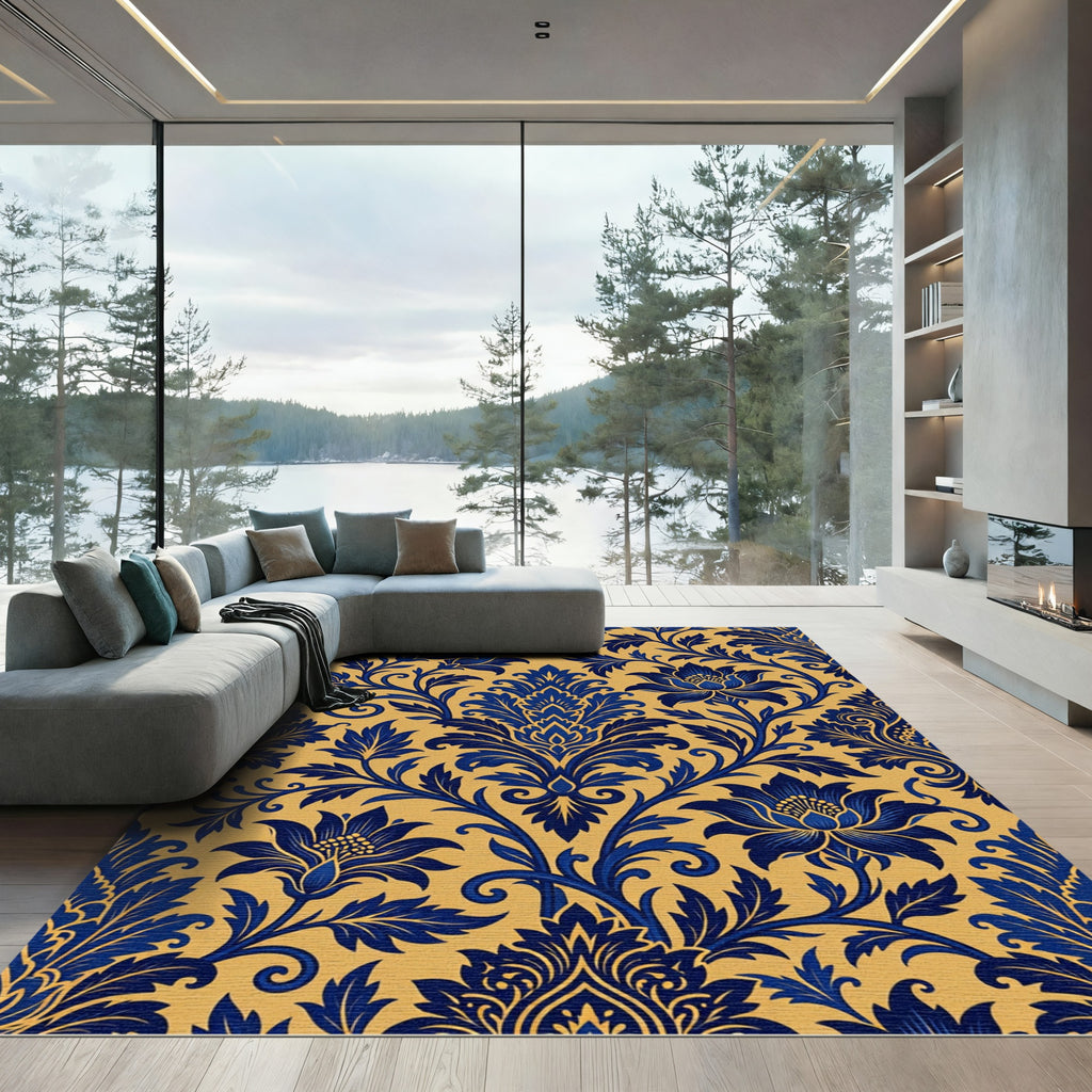 Blue Golden Damask Floral Scrolls Rug