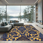Blue Golden Damask Floral Scrolls Rug