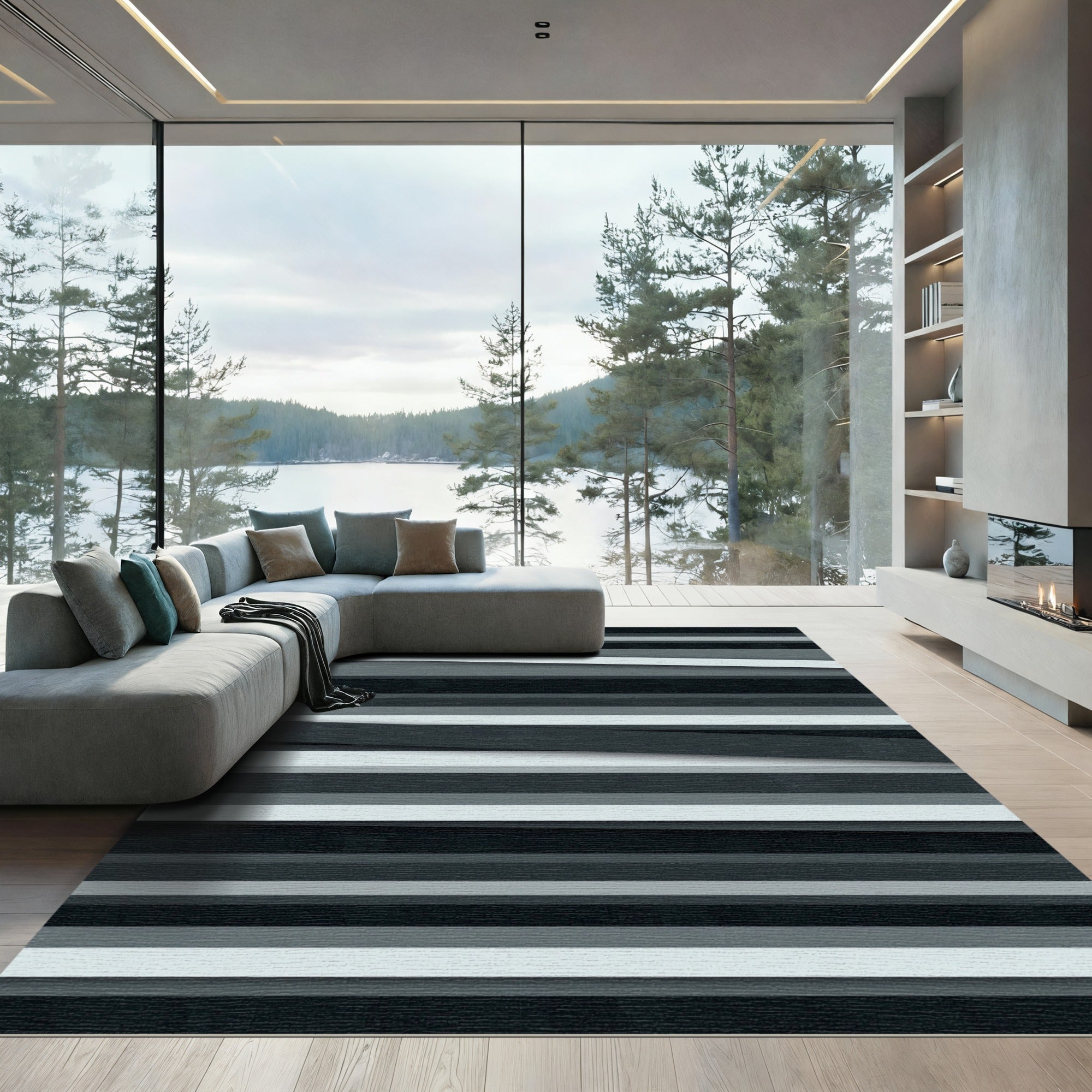 Modern Monochrome Layered Linear Rug