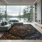 Elegant Bronze Silver Filigree Medallion Rug