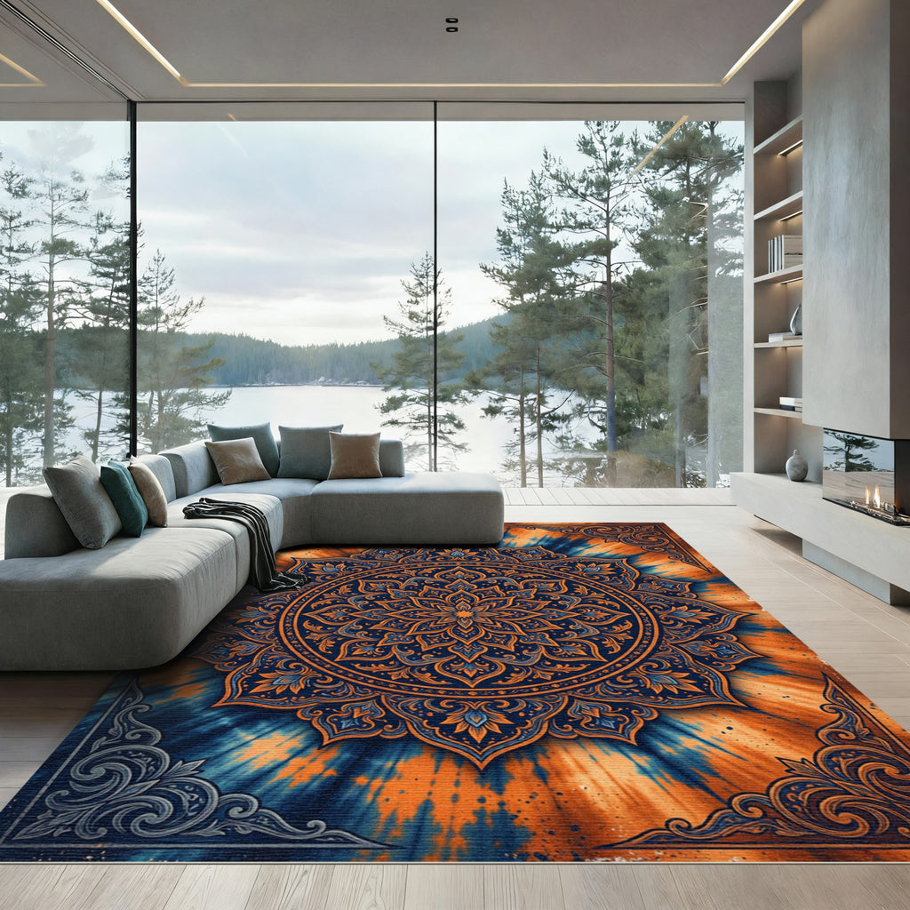 Mandala Tie Dye Orange Blue Rug