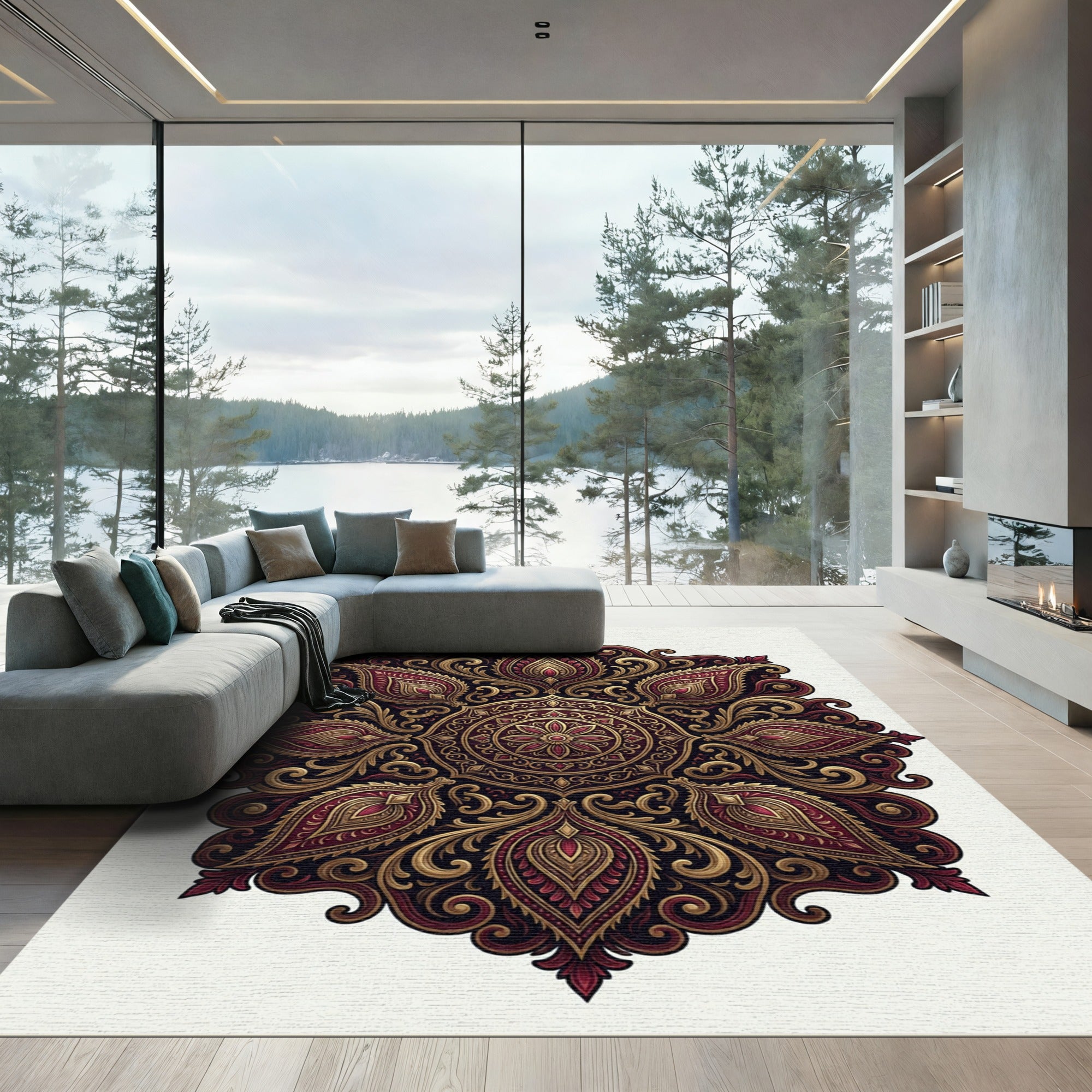 Elegant Crimson Gold Floral Medallion Rug