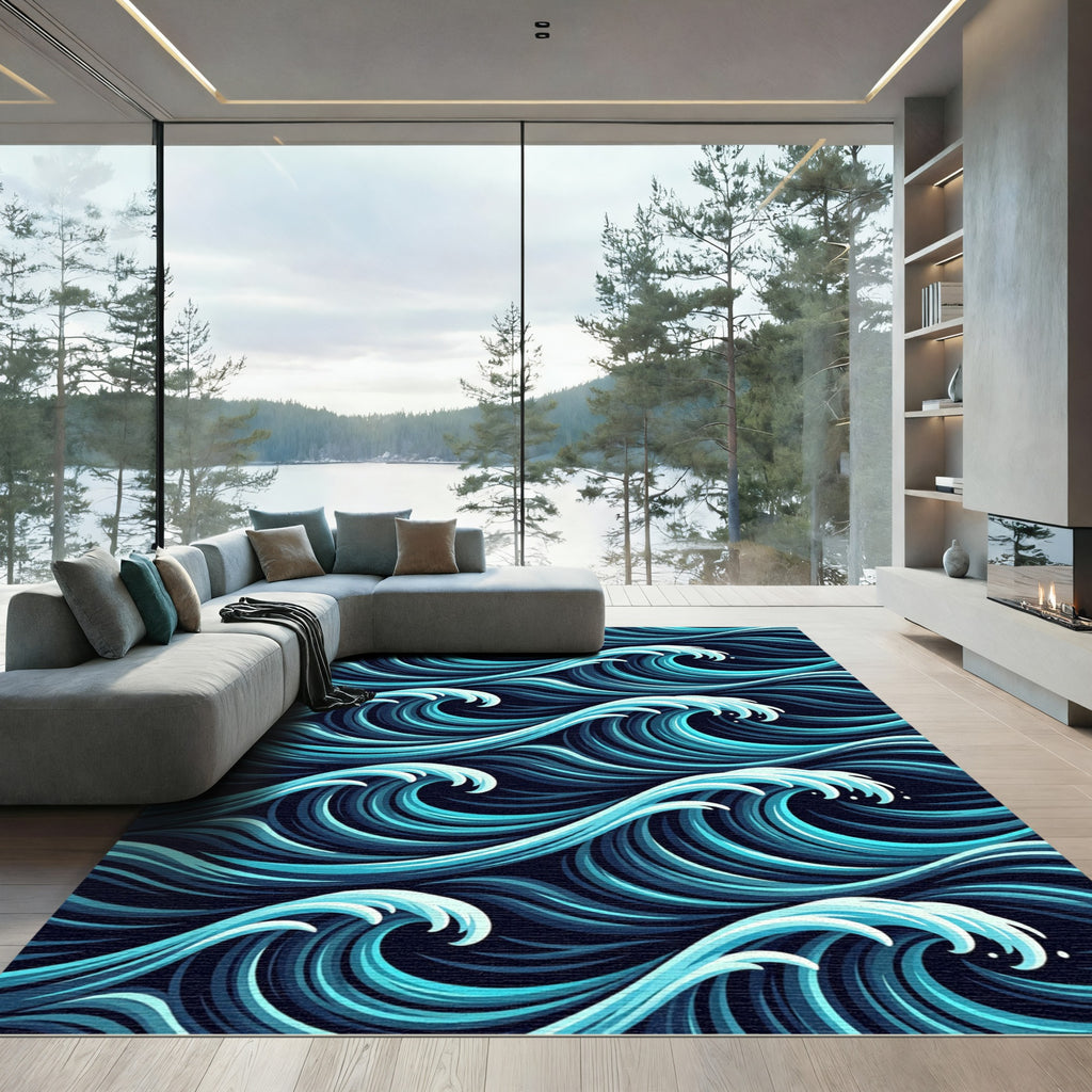Deep Blue Ocean Wave Pattern Rug
